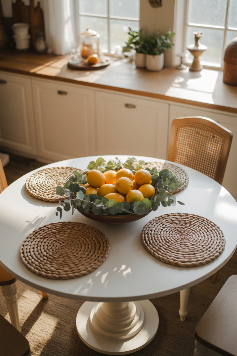 Low wooden bowl centerpiece on white round kitchen table with lemons and greenery