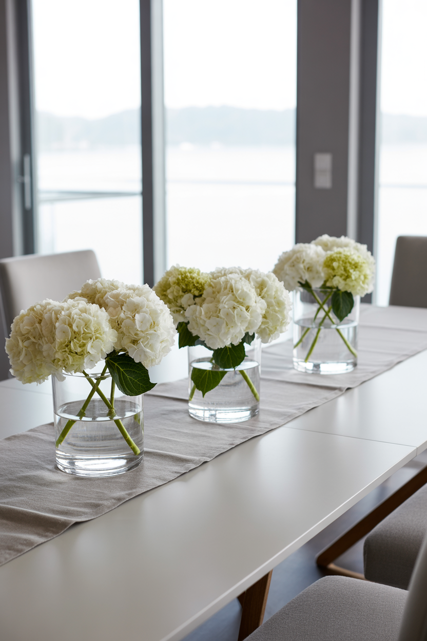 Three matching centerpieces on a long rectangular dining table, following the rule of three