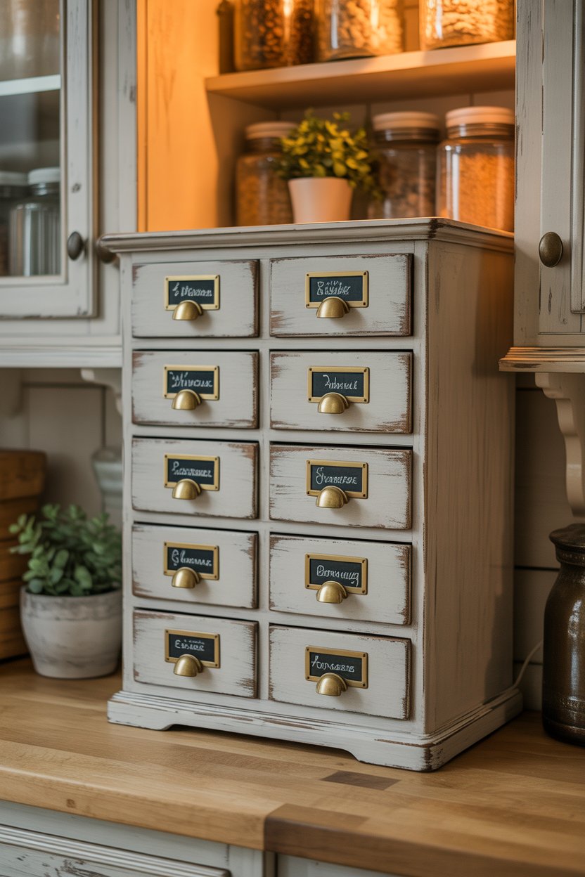 Vintage apothecary drawer cabinet for rustic farmhouse pantry storage with chalkboard labels and brass pulls