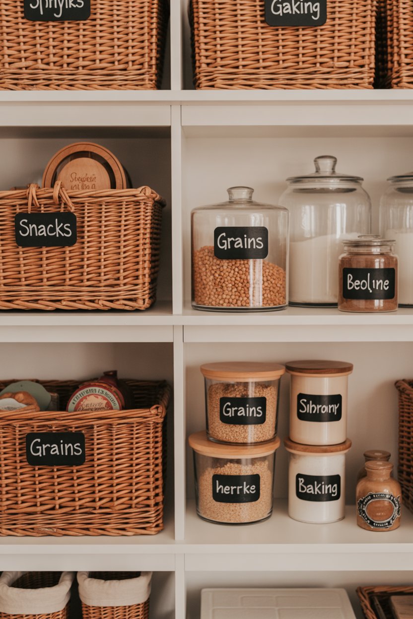 Rustic chalkboard label pantry organization system with wicker baskets and glass jars on farmhouse wooden shelves