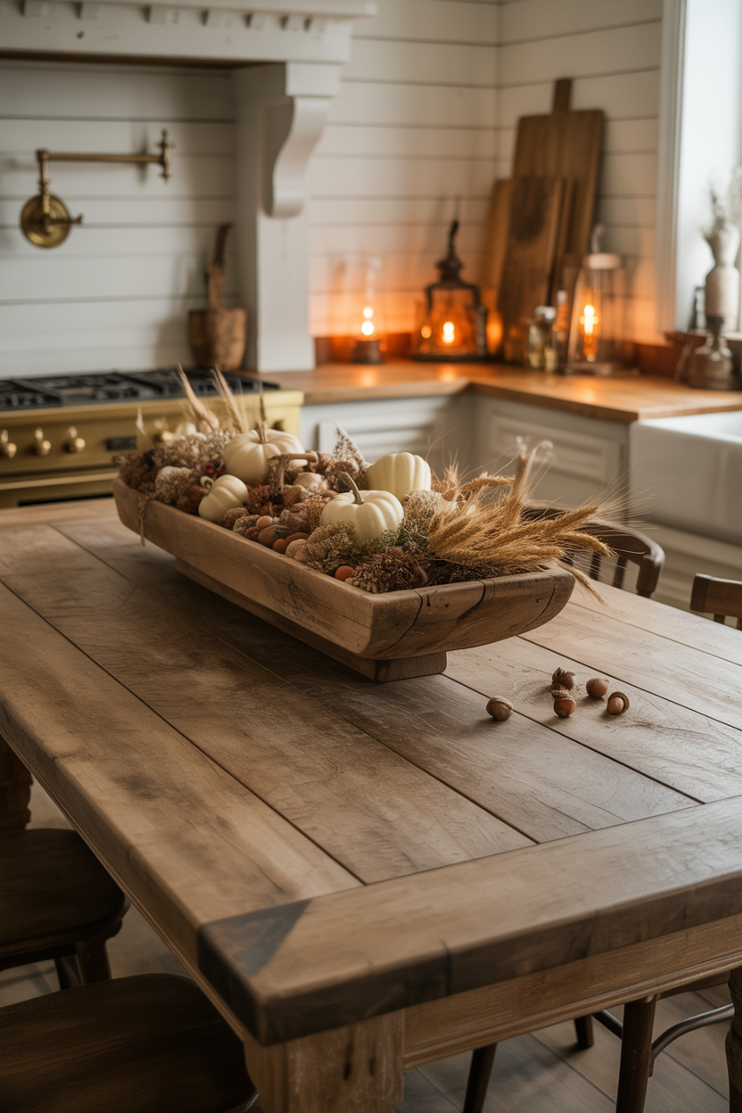 Farmhouse kitchen table centerpiece with rustic dough bowl and natural decor styling