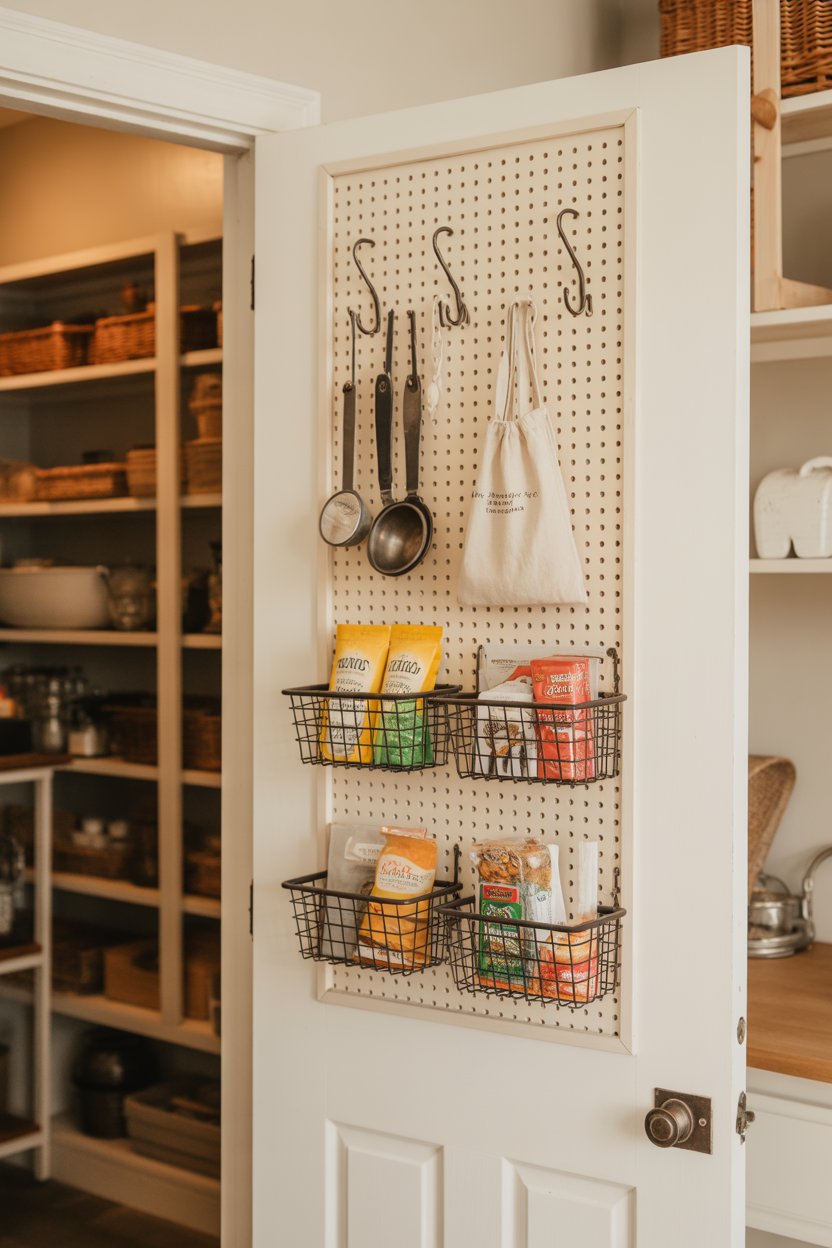 Rustic farmhouse pantry door organization with white pegboard, black iron hooks, and wire baskets for spices and snack storage