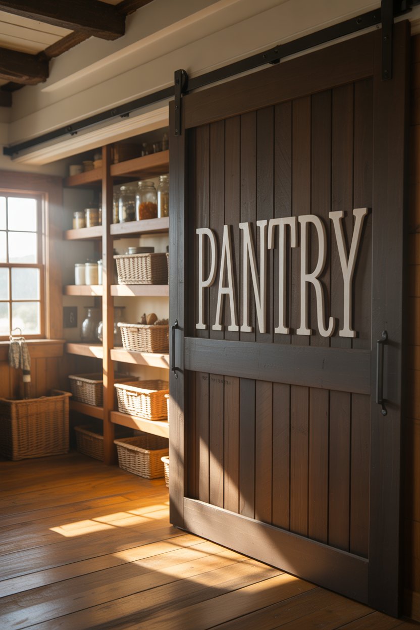Rustic sliding barn door farmhouse pantry idea for small kitchen with distressed dark wood finish and white interior shelving