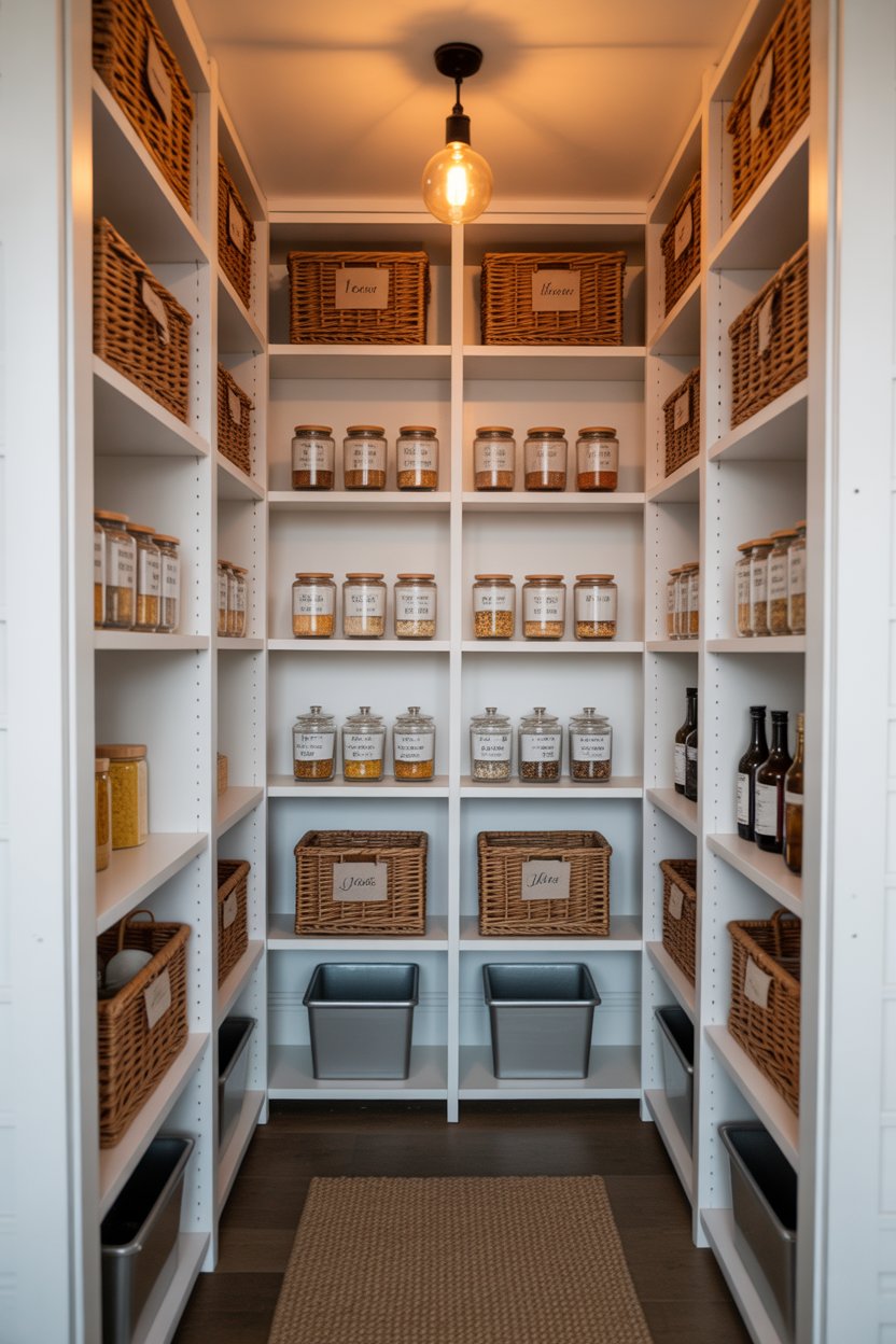 Rustic walk-in farmhouse pantry design with floor-to-ceiling wooden shelving, glass jars, wicker baskets, and Edison bulb lighting in a small space