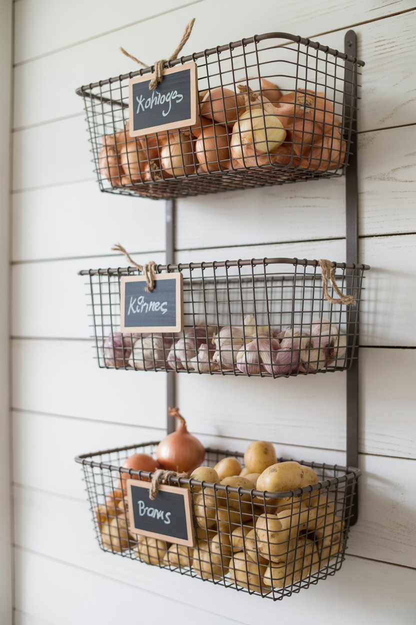 Rustic butcher block countertop farmhouse pantry station with open wooden shelving and ceramic canisters above