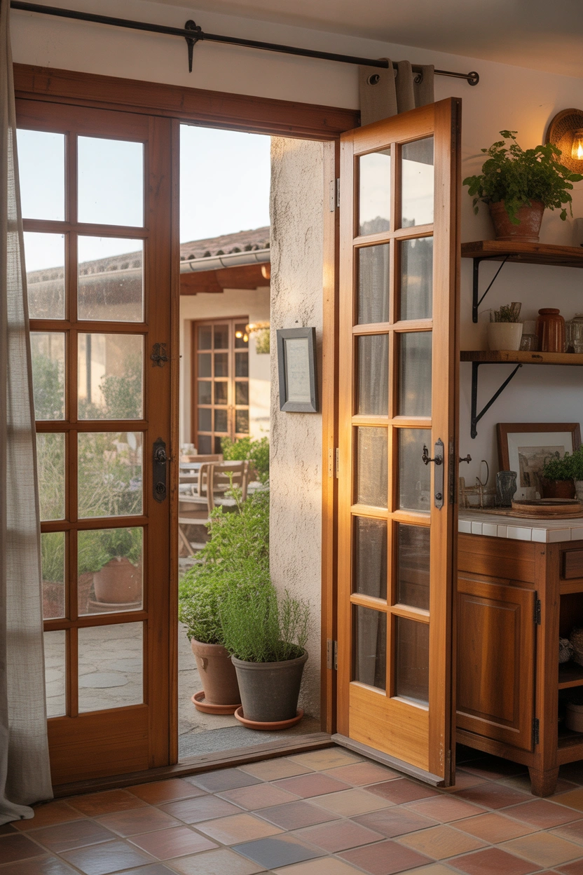 Rustic knotty wood French patio doors with iron hardware opening to farmhouse stone patio