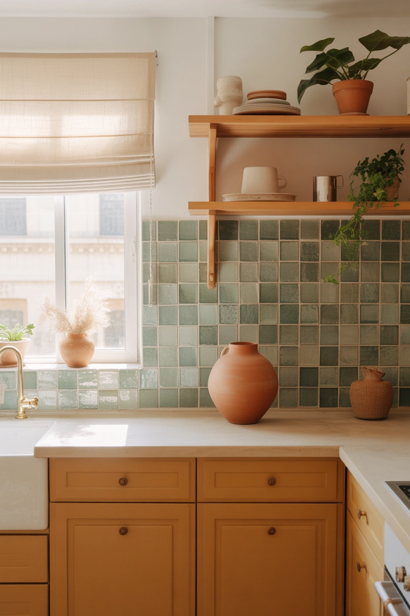 Handmade sage green zellige tile backsplash with honey oak cabinets in a warm, earthy boho kitchen with natural wood accents