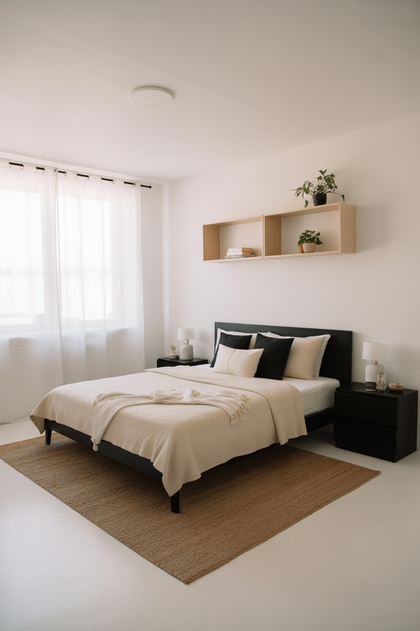 Scandinavian bedroom with white walls and bold black furniture for minimalist grown women