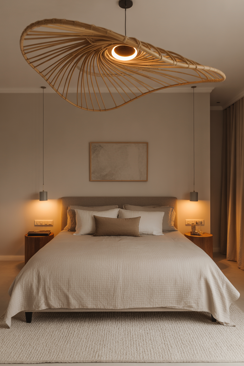 Bedroom with rattan sculptural pendant light above bed — elegant grown woman bedroom lighting idea