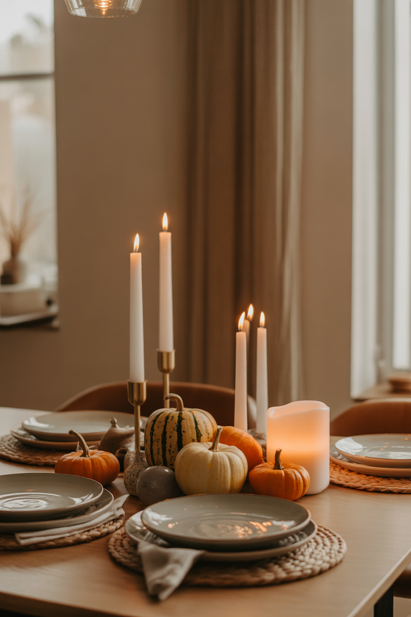 Seasonal kitchen table centerpiece with pumpkins and candles in warm luxury autumn style