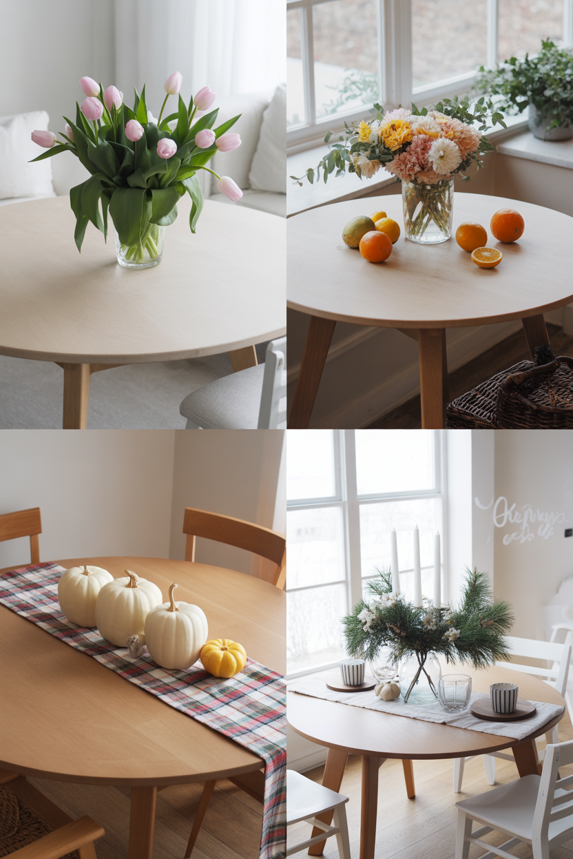 Four seasonal centerpiece ideas for round kitchen tables throughout the year