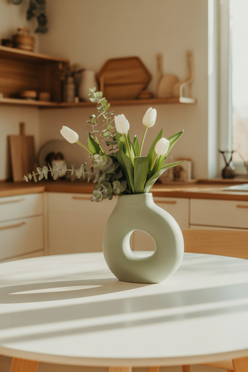 Single statement vase centerpiece with tulips on a modern round kitchen table