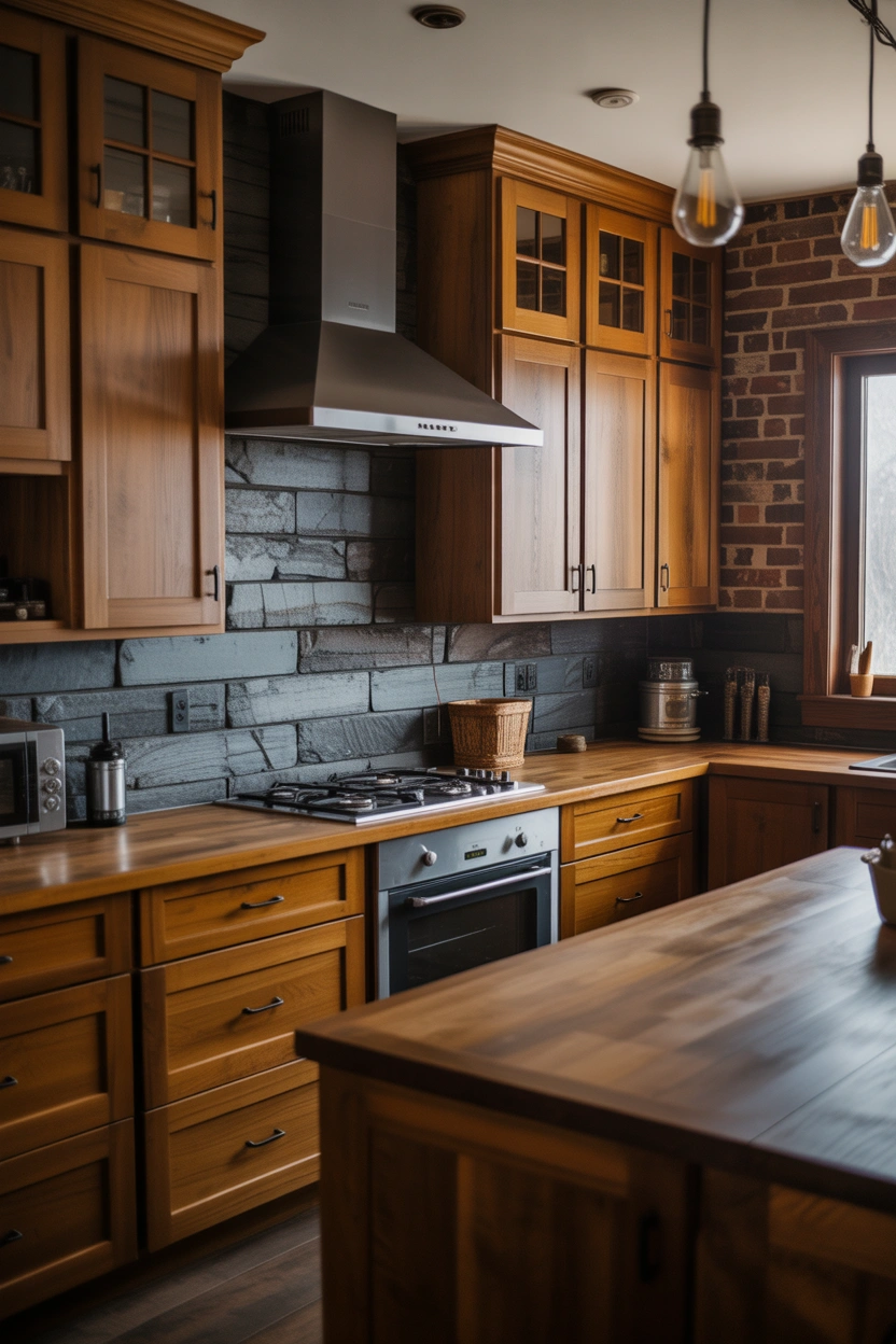 Natural slate gray stone backsplash with honey oak cabinets and wood countertops in a rustic-industrial kitchen with bronze fixtures