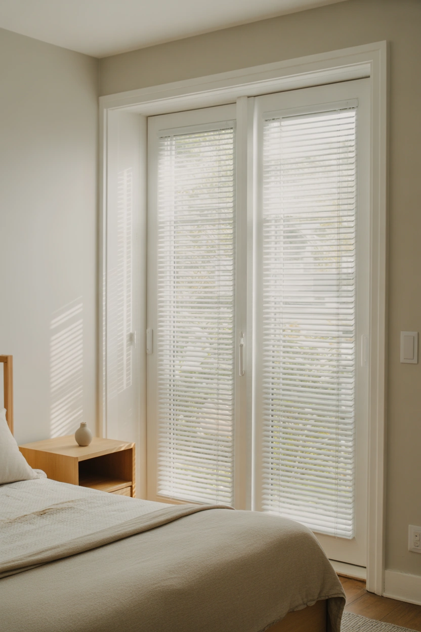 White frame sliding patio door with built-in between-glass blinds for light control in a modern bedroom