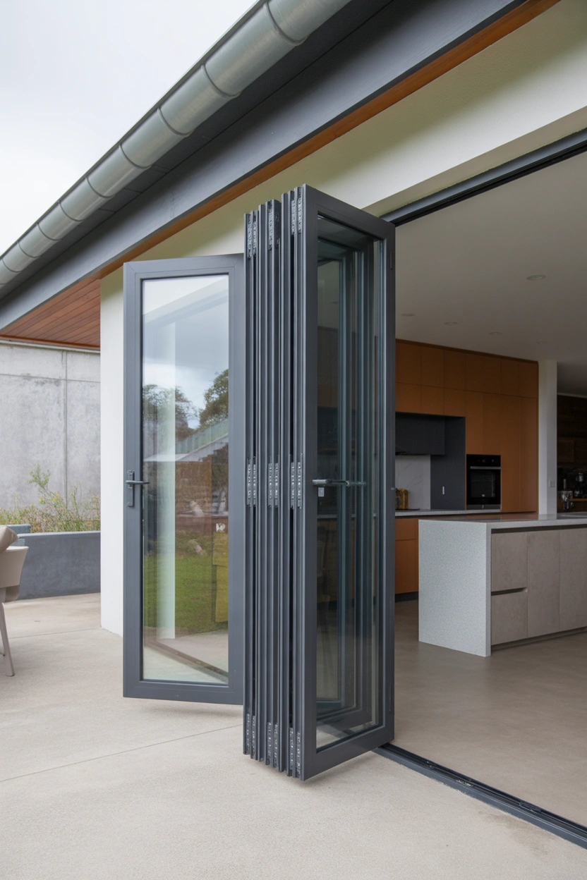 Slim anthracite gray aluminum bifold patio doors opening to a covered outdoor entertainment area