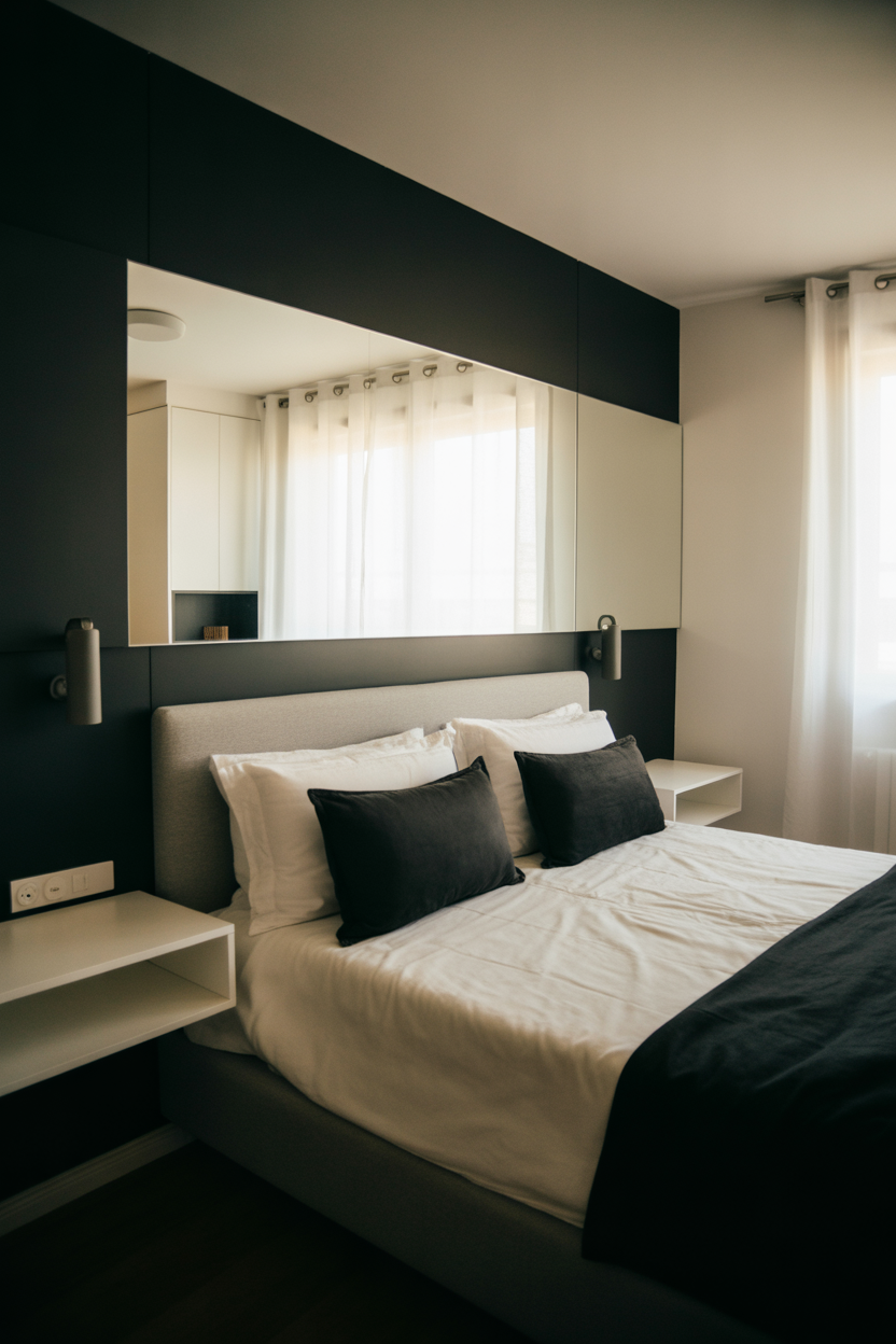 Small bedroom with strategic black accent wall and space-saving design ideas for grown women
