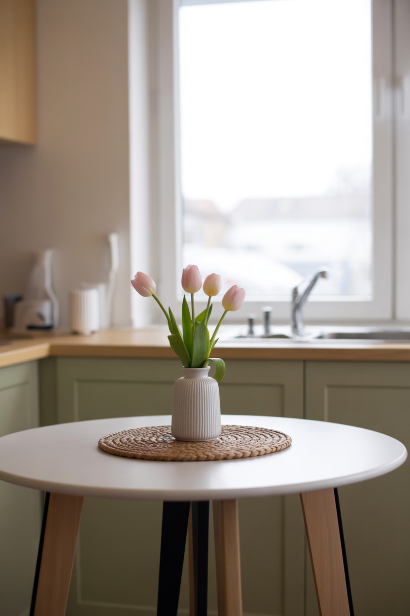 Minimal centerpiece styling for a small kitchen table with a single vase