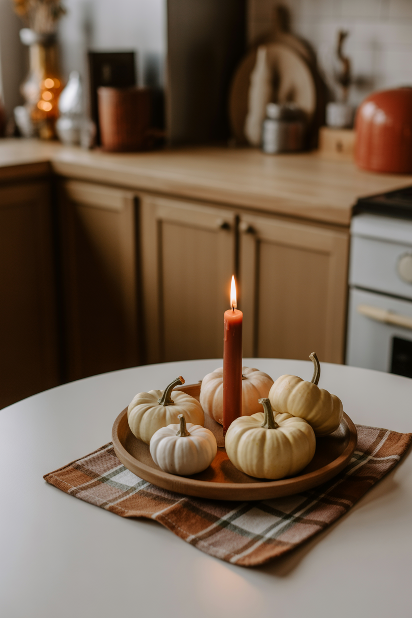 Compact seasonal centerpiece styling for a small kitchen table with mini pumpkins