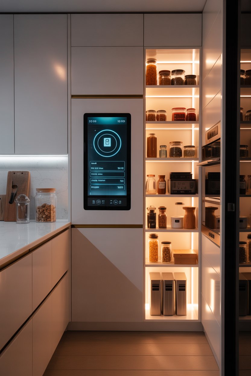 Smart corner pantry featuring motion-sensor lighting and inventory app integration
