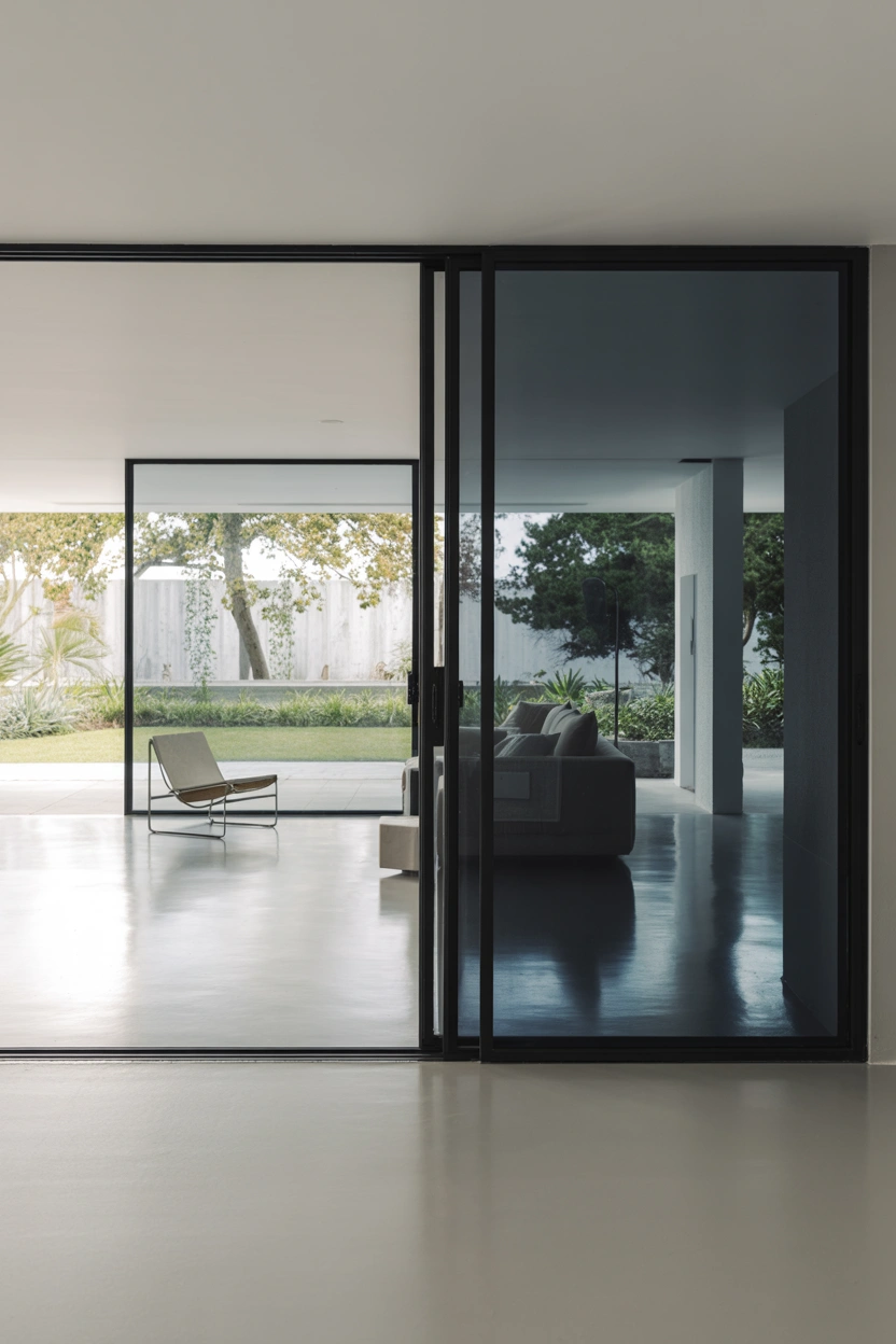 Smart electrochromic glass patio door switching from clear to tinted state in a futuristic minimal interior