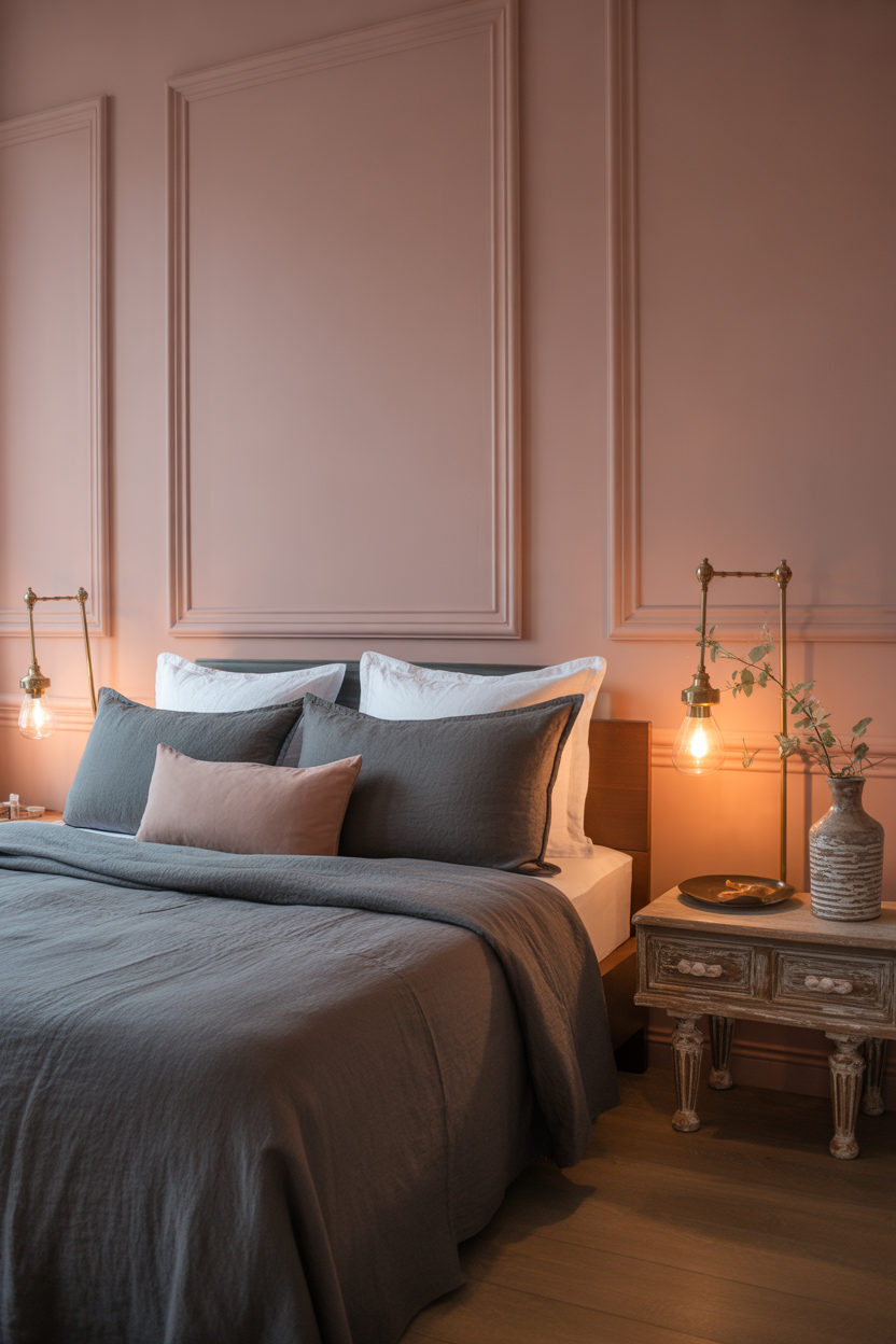 Romantic soft blush bedroom with charcoal linen and brass fixtures — elegant grown woman bedroom idea