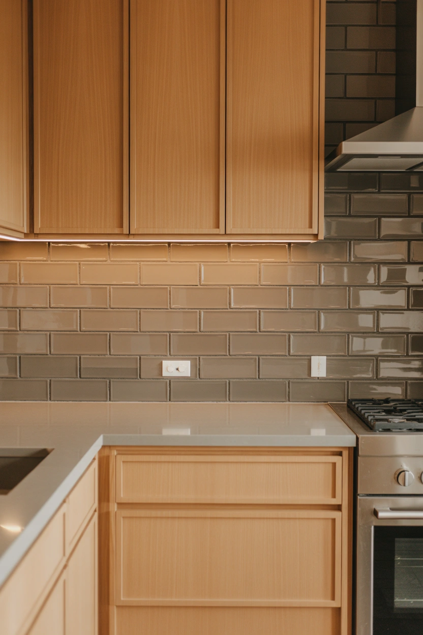 Warm gray large-format tile backsplash with honey oak kitchen cabinets and light quartz countertops in a modern kitchen