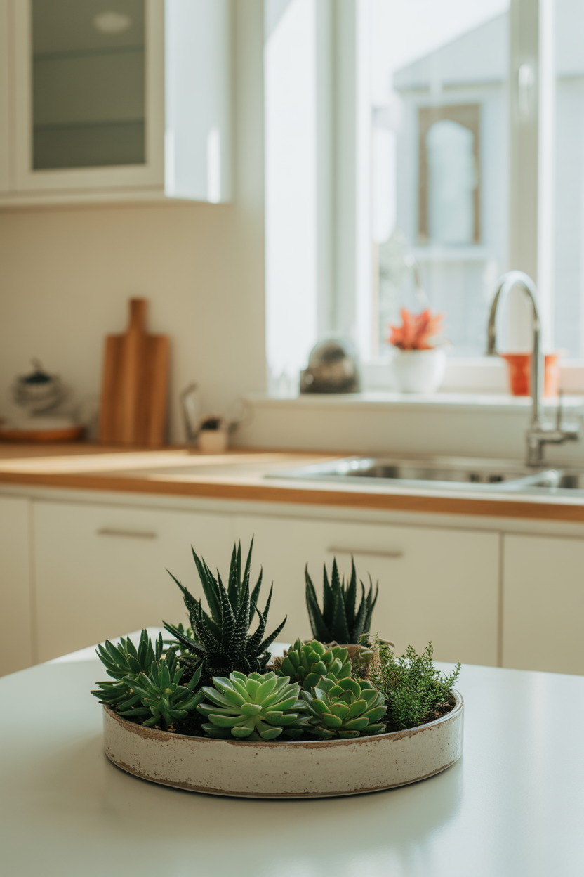 Modern kitchen table centerpiece with small succulents in clean, minimal luxury style