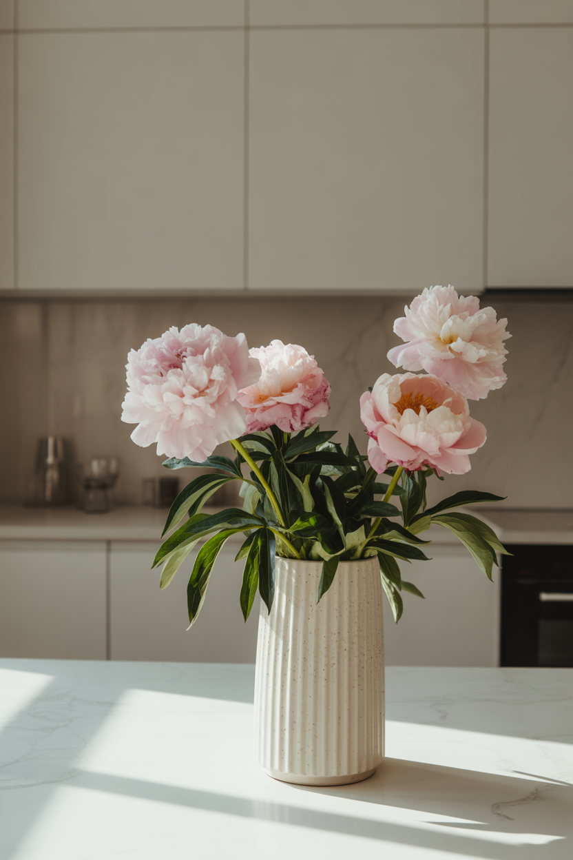 Luxury kitchen table centerpiece with tall ceramic vase and fresh flowers in modern, elegant kitchen