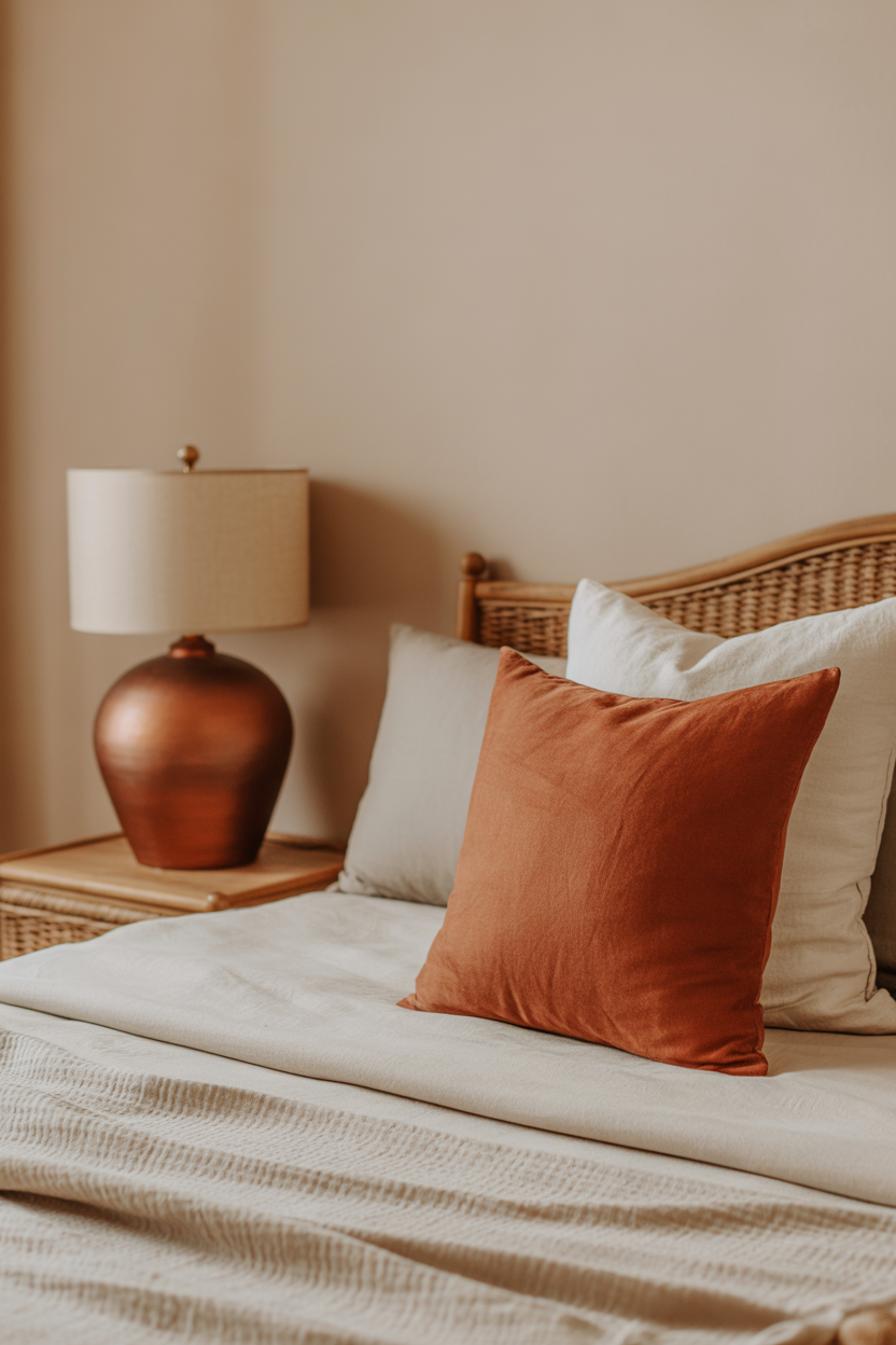 Neutral bedroom with a terracotta accent pillow and ceramic lamp — earthy grown woman bedroom idea