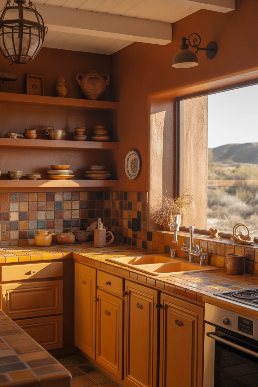 Earthy terracotta tile backsplash with honey oak cabinets and warm amber countertops in a Southwestern-inspired kitchen.