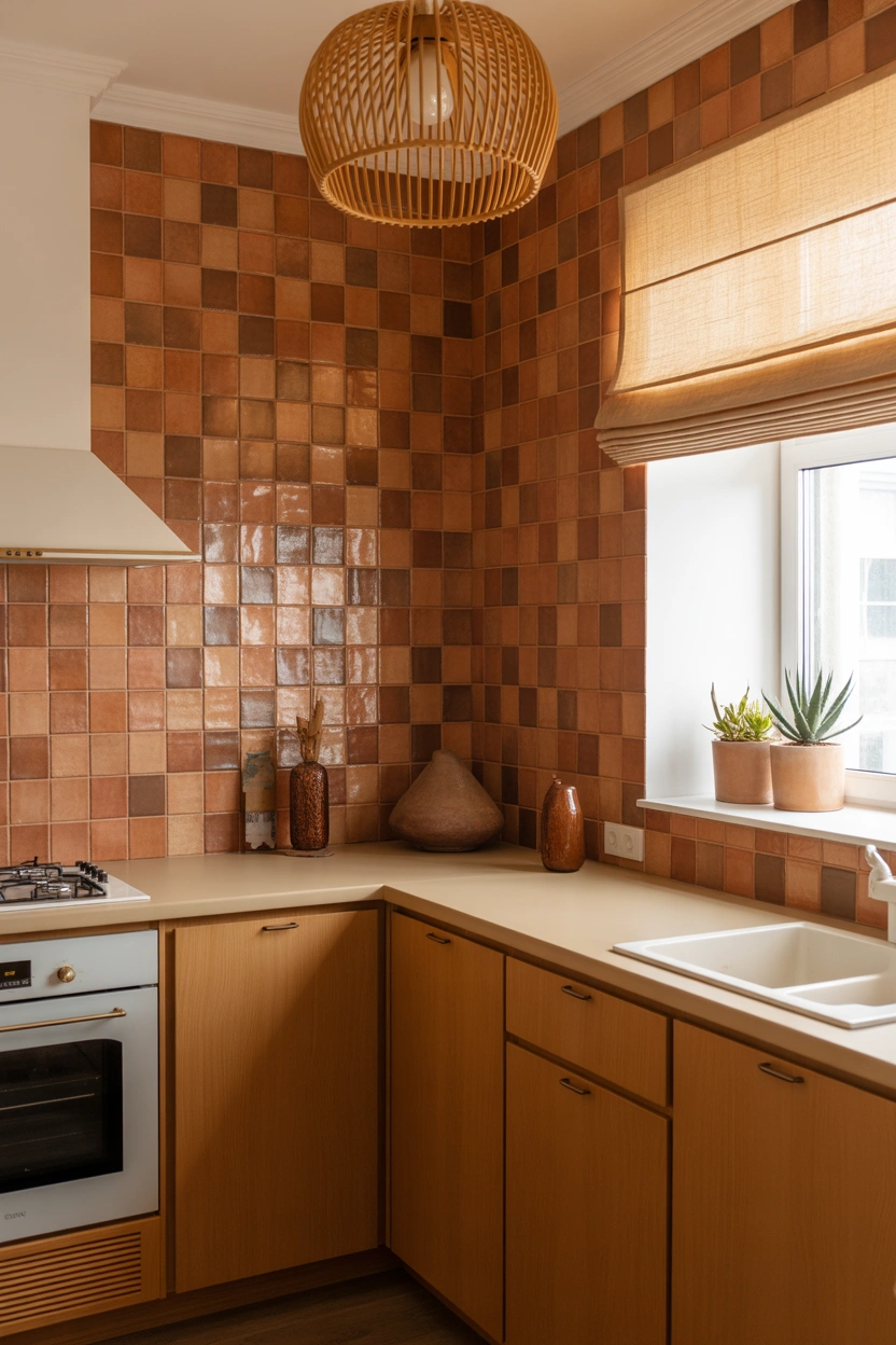 Handmade terracotta zellige tile backsplash with honey oak cabinets and cream countertops in a warm, earthy-modern kitchen.