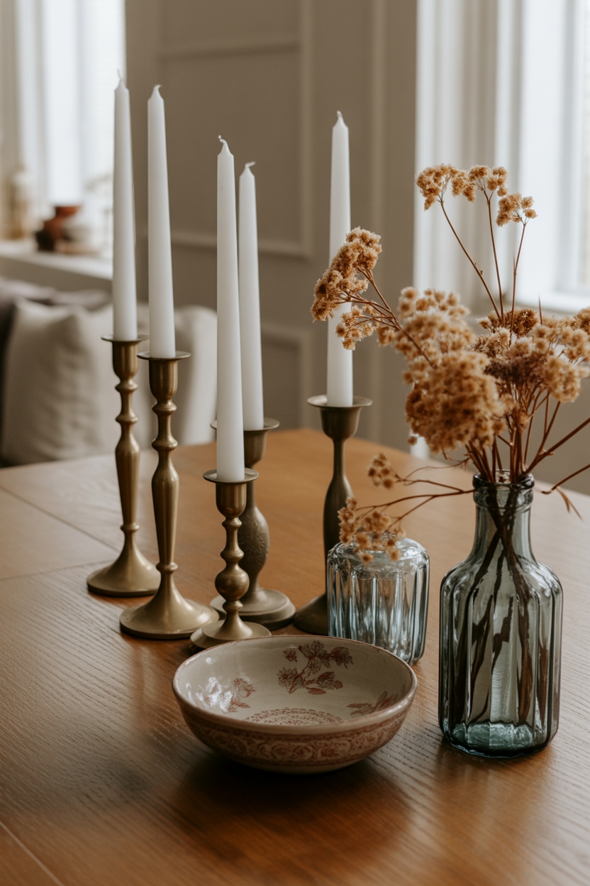 Vintage thrift store finds styled as a kitchen table centerpiece