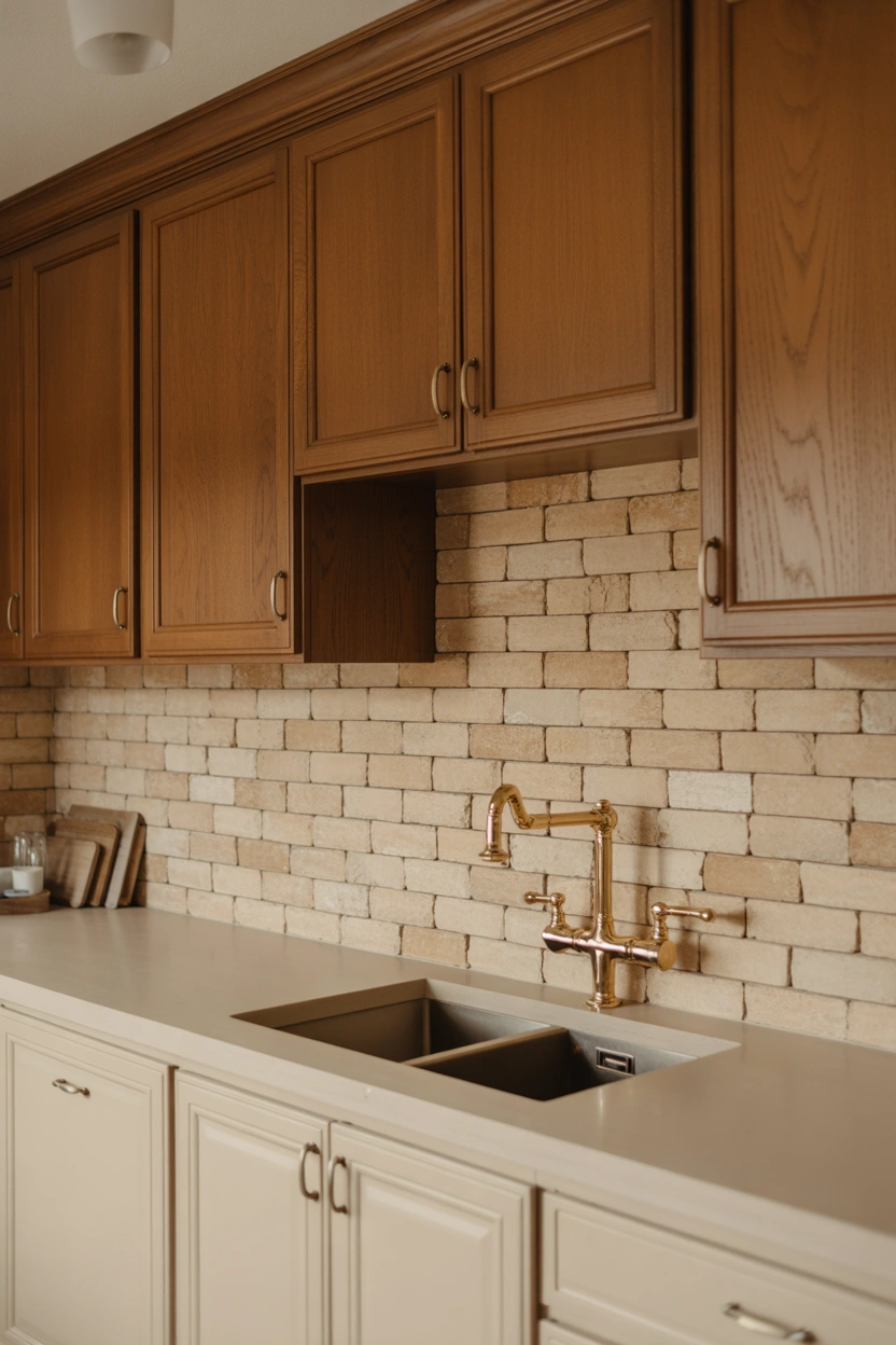 Honed travertine stone backsplash with honey oak cabinets in a warm farmhouse kitchen with brushed gold hardware