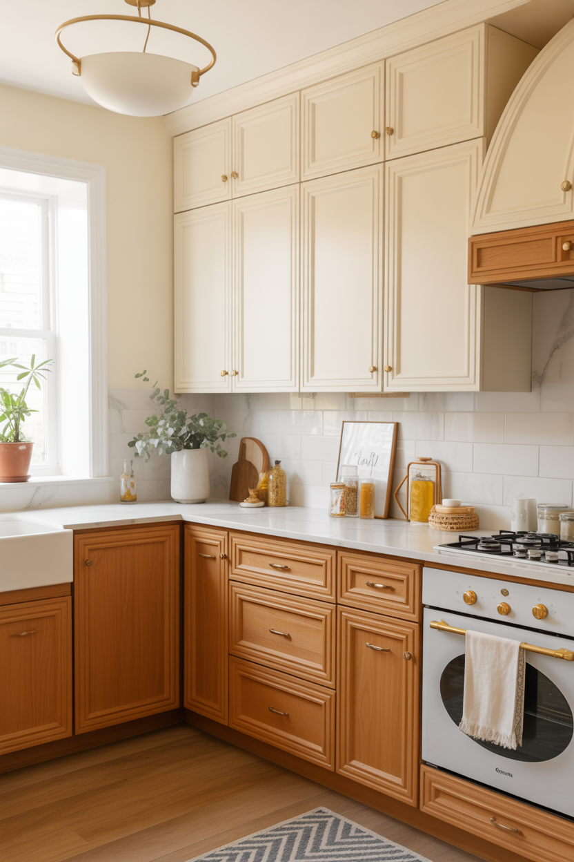 Two-tone kitchen design with honey oak base cabinets and white upper cabinets with gold hardware.