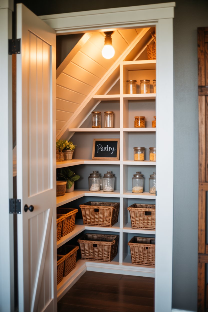 Under-stair rustic farmhouse pantry conversion with built-in wooden shelves, glass jars, and barn door
