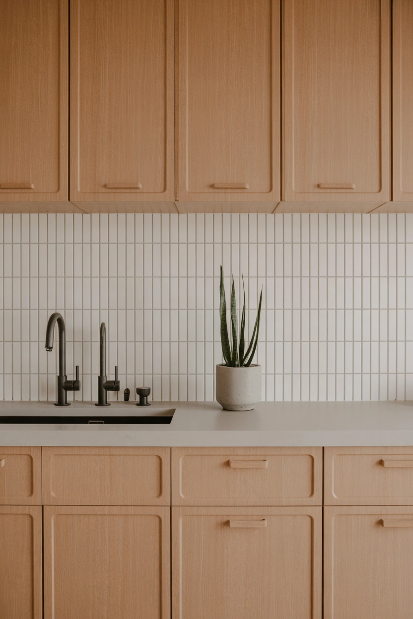 Vertical stacked white tile backsplash with flat-panel honey oak cabinets and matte black fixtures in a Scandinavian minimalist kitchen