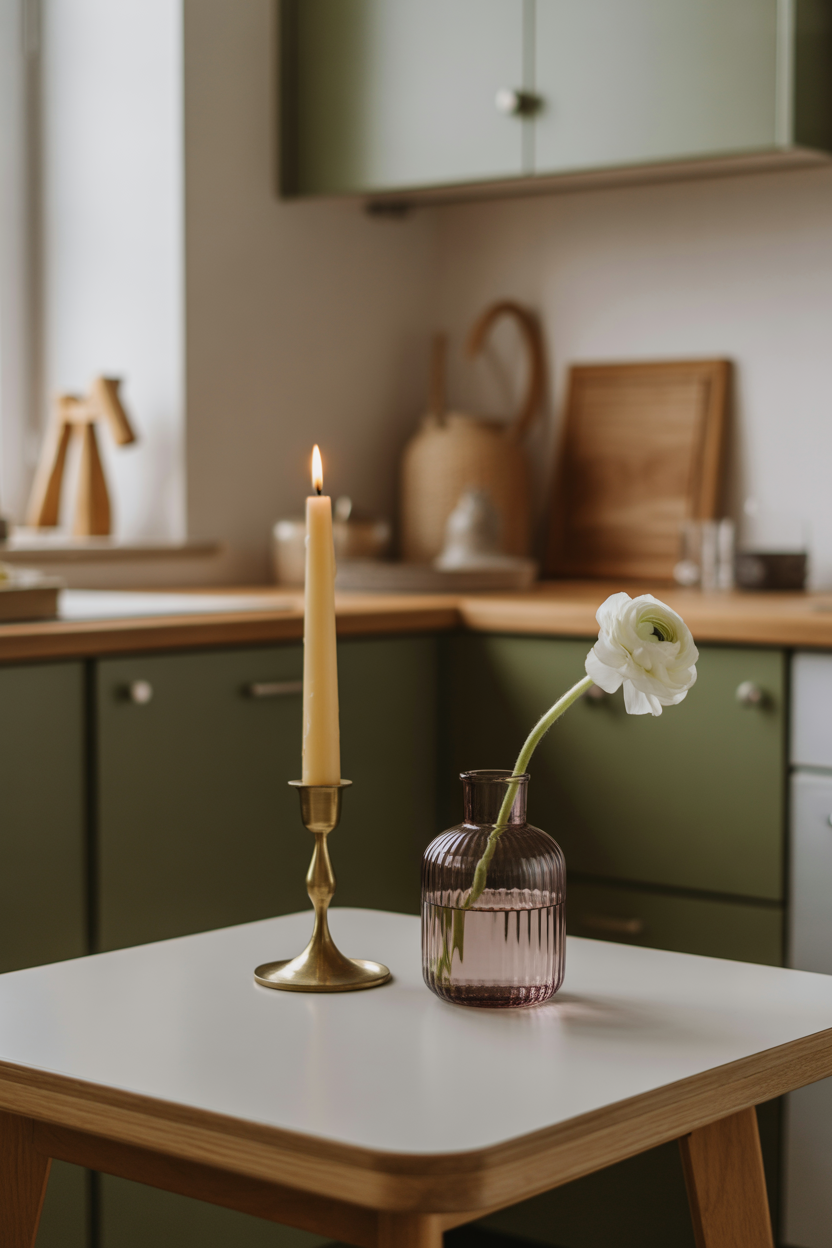 Vertical centerpiece styling with tall candles for a small kitchen table