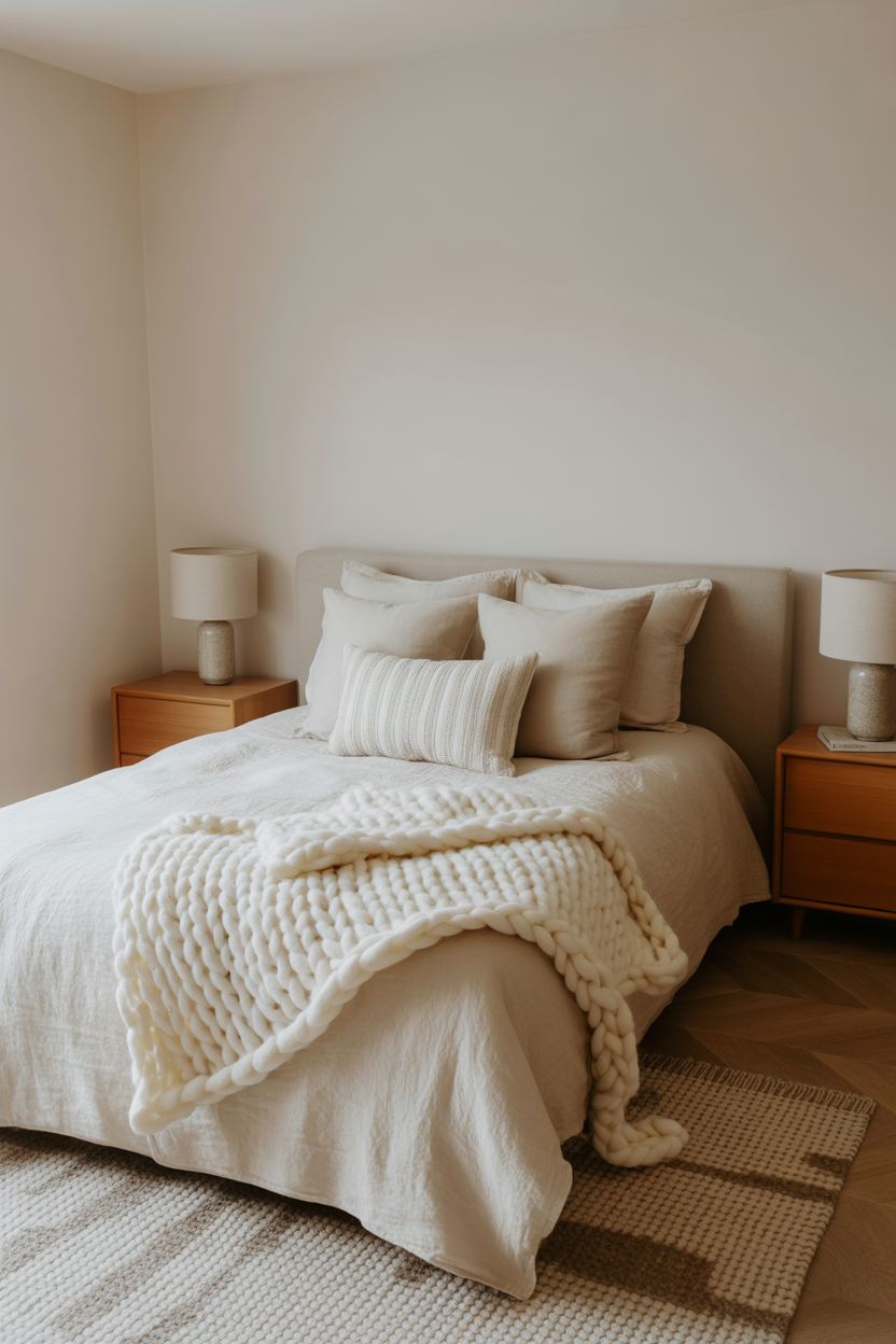 Warm ivory layered bedroom with chunky knit throw and wood nightstands — grown woman bedroom idea