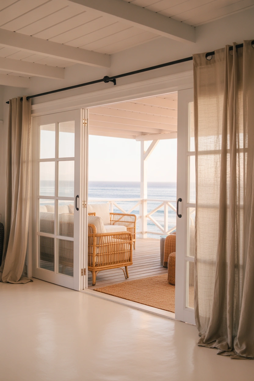 White frame sliding glass patio door in coastal living room with ocean view deck and linen curtains