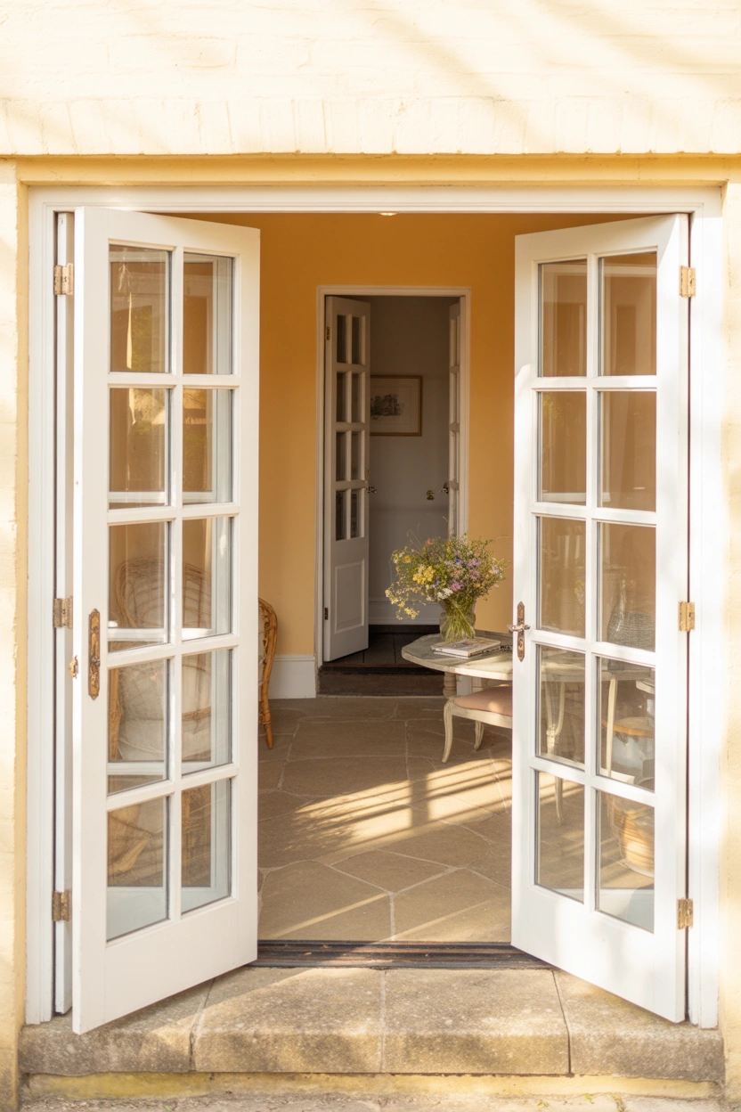 Classic white French patio doors with divided glass panes open to a stone terrace in the cottage interior