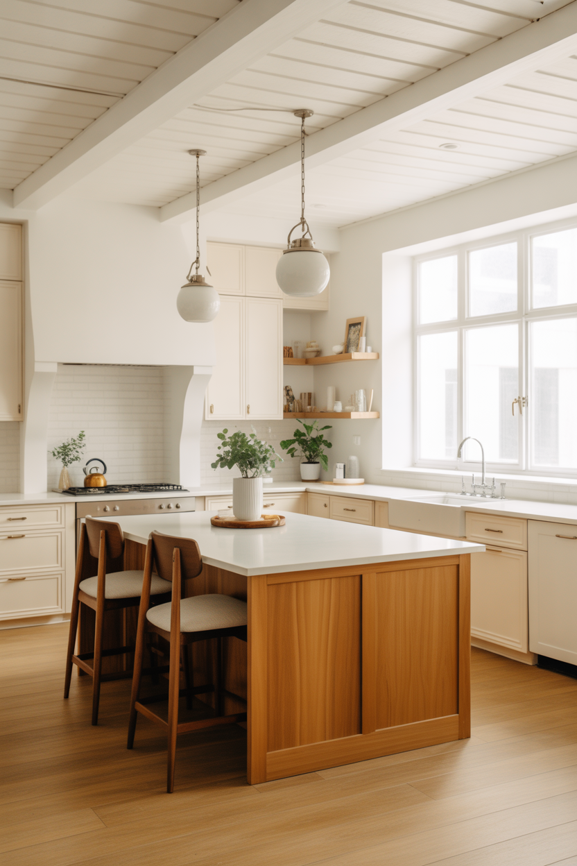 White kitchen with honey oak wood island as a warm focal point, pendant lighting overhead.