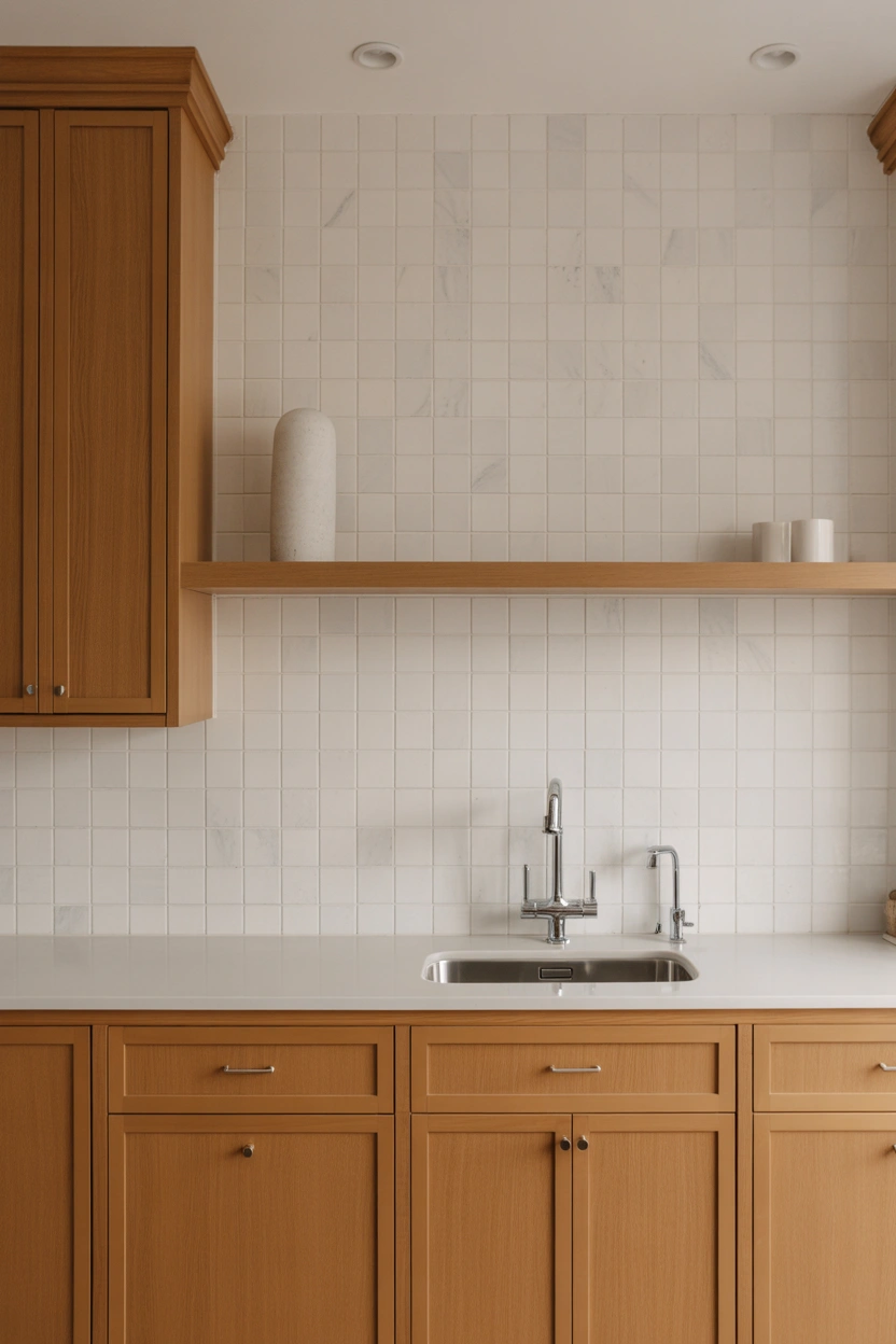 White Carrara marble tile backsplash with honey oak kitchen cabinets and white quartz countertops in an elegant kitchen