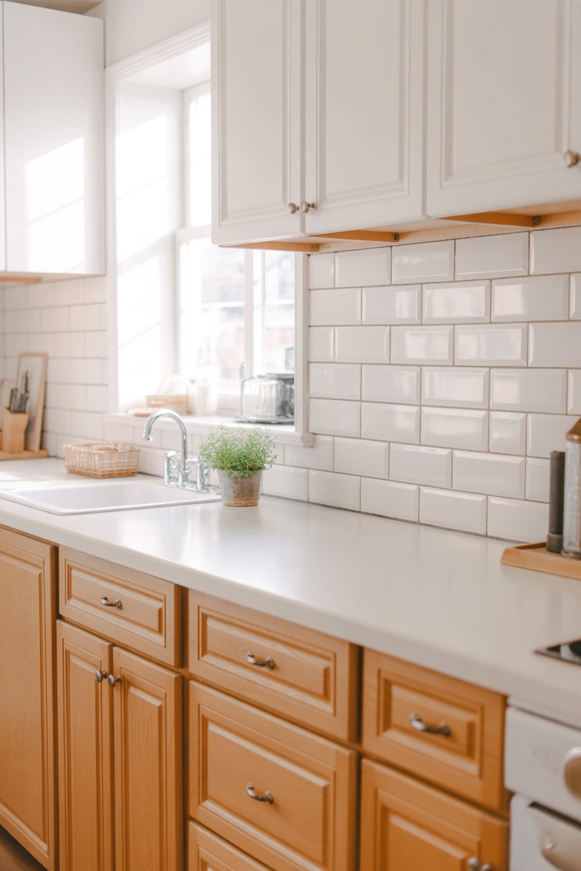 White subway tile backsplash paired with honey oak kitchen cabinets and white quartz countertops in a bright modern kitchen.