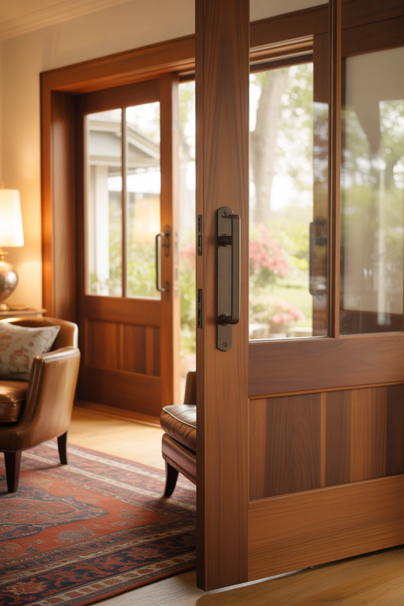 Walnut wood-clad sliding glass patio door with brushed bronze hardware in a warm craftsman living room