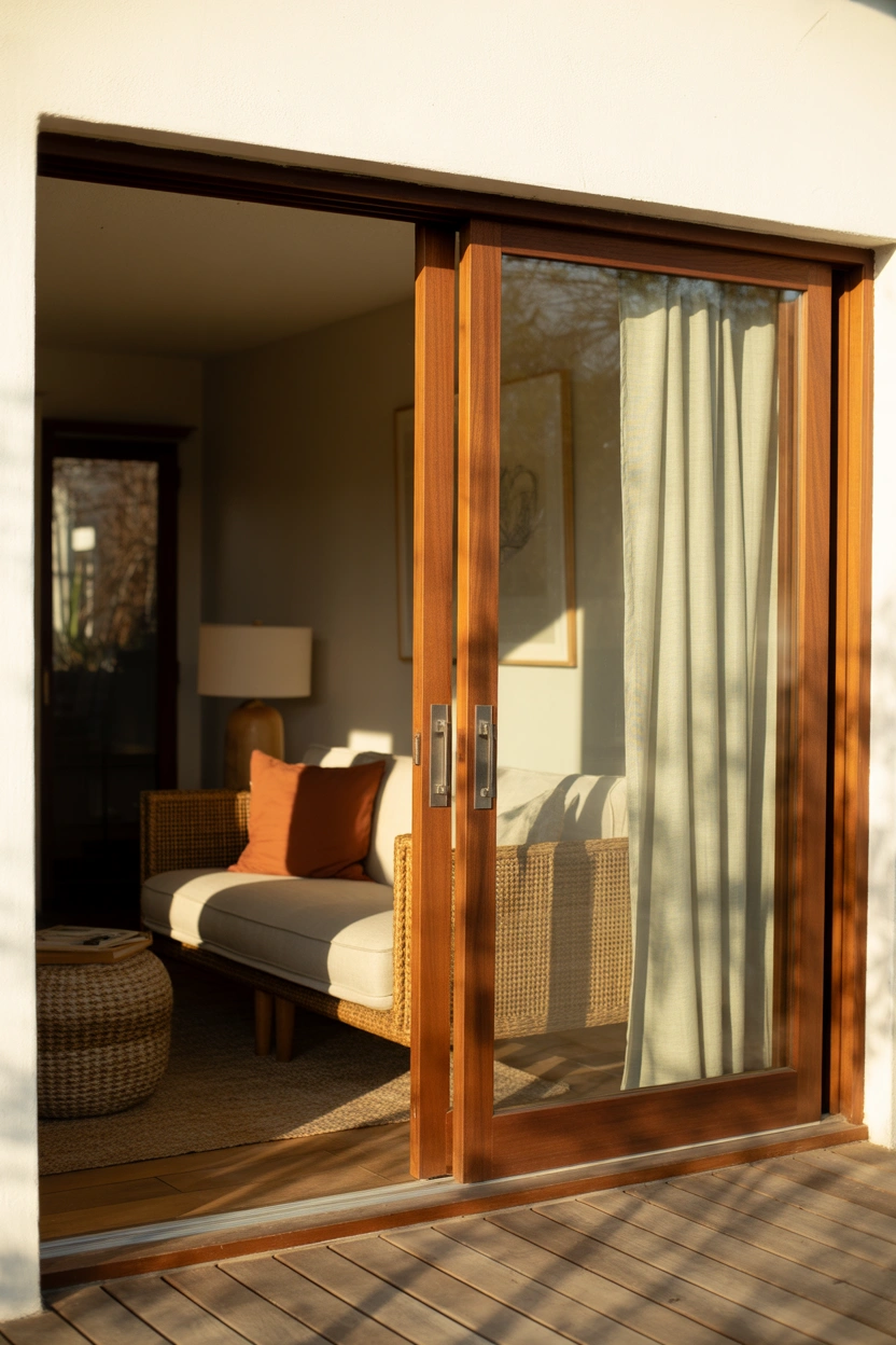 Warm walnut wood-framed sliding patio door in a cozy earthy-toned living room