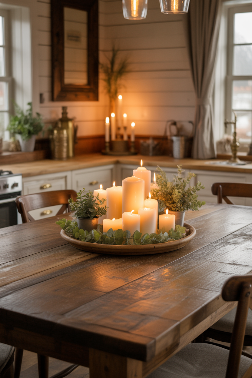 Stylish kitchen table centerpiece with wooden tray, candles, and greenery in luxury farmhouse style