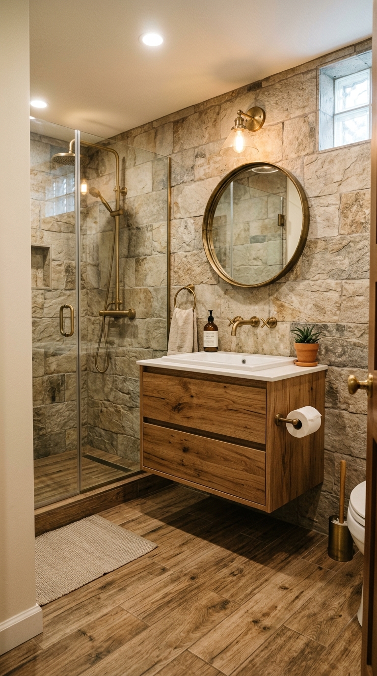 Warm basement bathroom with wood-look floor tile, stone-look walls, wood floating vanity, and aged brass faucet