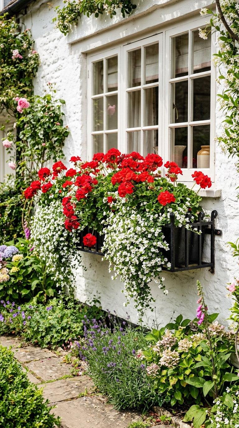 Black window box overflowing with red geraniums on a white vintage cottage front porch