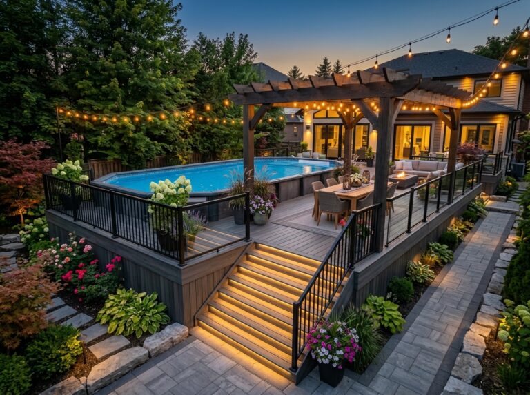 Modern above-ground pool deck with composite decking, pergola, outdoor seating, and landscaped backyard.