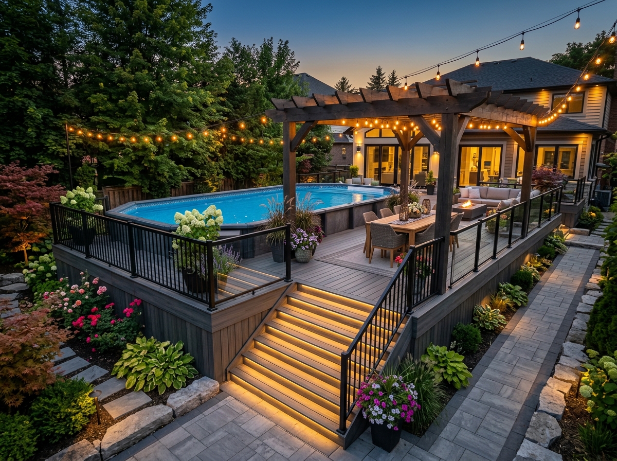 Modern above-ground pool deck with composite decking, pergola, outdoor seating, and landscaped backyard.